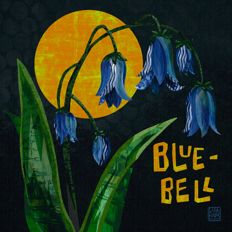 digital collage illustration of bluebell flowers under a full moon