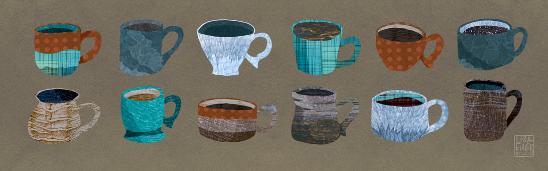 digital collage illustration of a variety of tea cups and coffee mugs