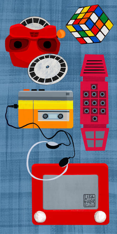 illustration 80s toys viewmaster, rubiks cube, merlin, walkman and etch a sketch