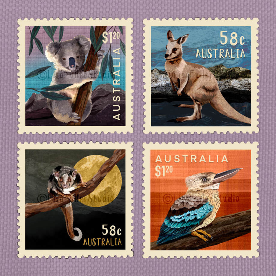 illustration of australian animal stamps including koala kangaroo kookaburra and possum