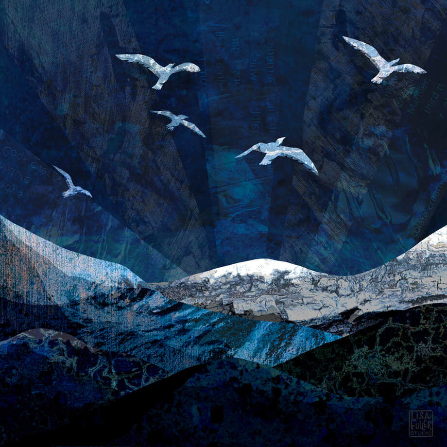 digital collage landscape illustration of birds flying high over mountains