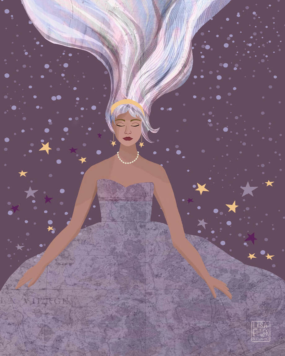 digital collage illustration of celestial princess with upswept hair and fancy gown