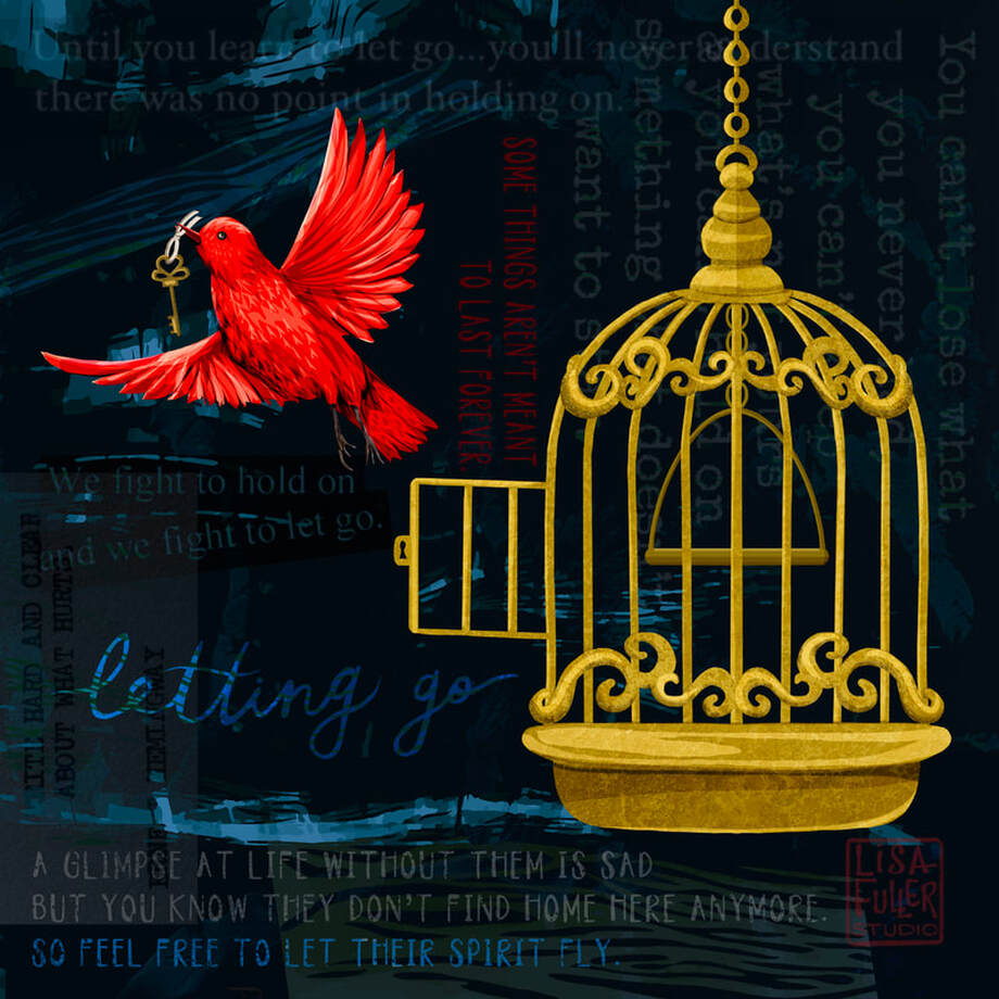 editorial illustration of bird releasing itself from a cage representing letting go and freedom from what's holding us back