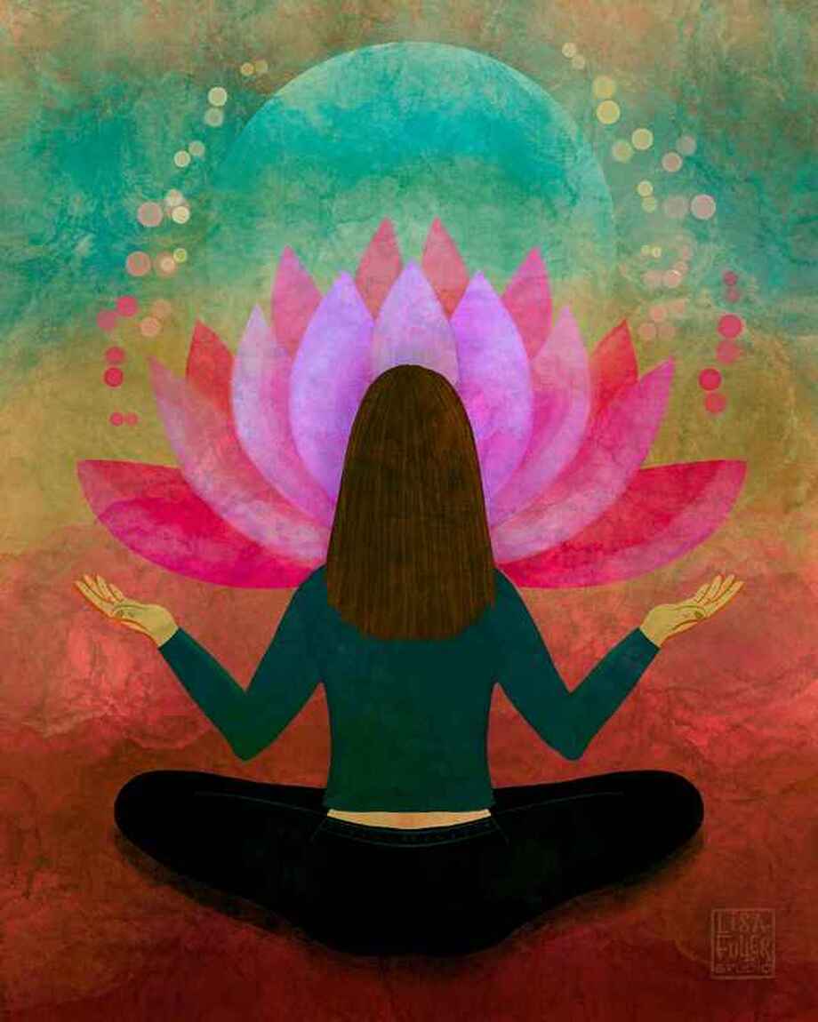 illustration of girl in yoga Sukhasana easy pose sitting in front of a lotus flower