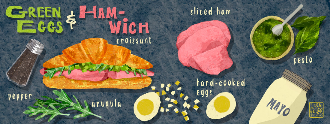 deconstructed food illustration of a green eggs and hamwich croissant sandwich and all the ingredients