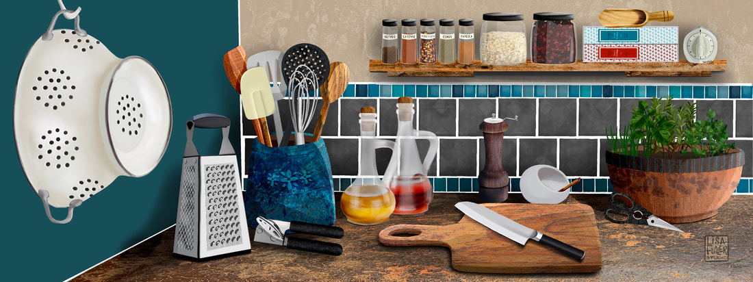vignette illustration of a variety of kitchen items on the counter