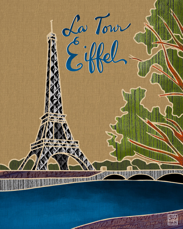digital travel illustration of the eiffel tower in paris france, la tour eiffel
