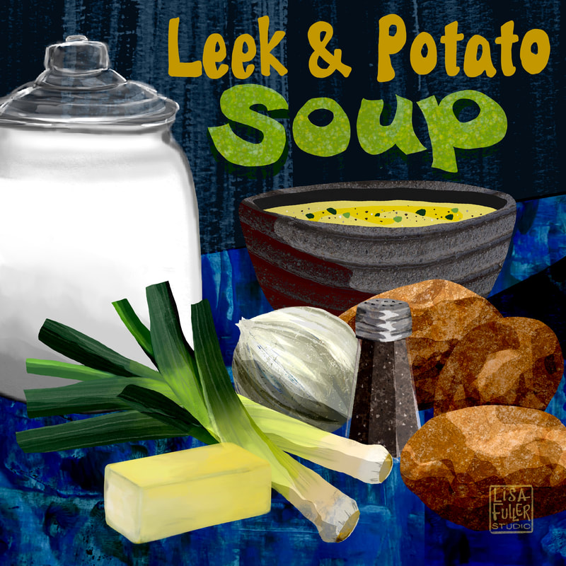 food illustration vignette leek and potato soup with ingredients
