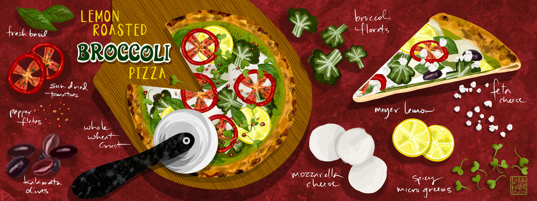 food recipe illustration of lemon roasted broccoli pizza and its ingredients