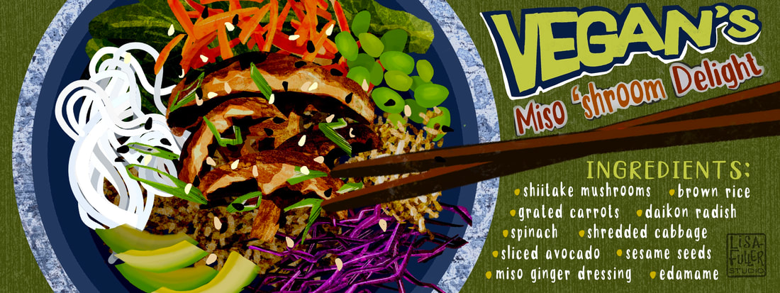 recipe food illustration of vegan miso mushroom delight and all the ingredients