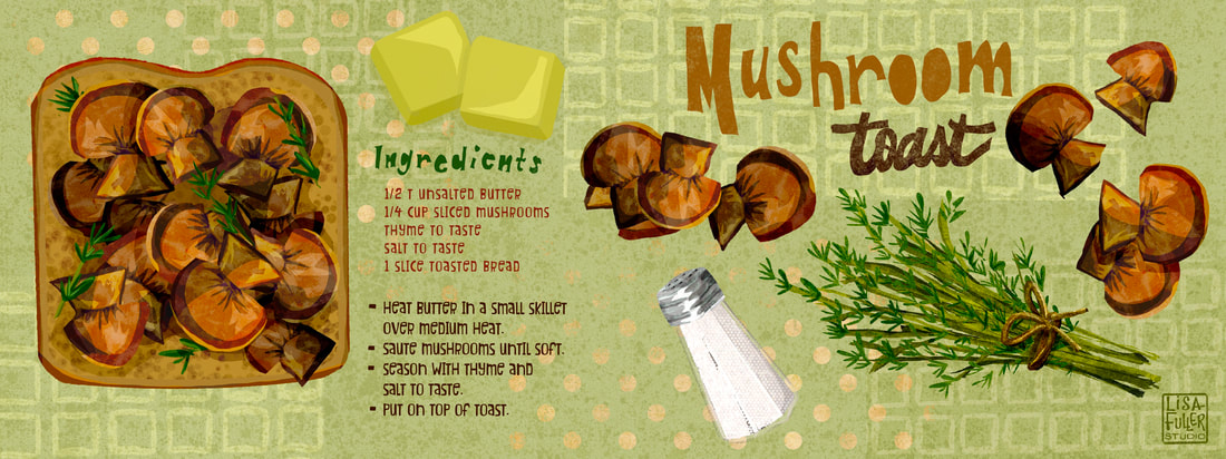 food recipe illustration of mushroom toast and all the ingredients