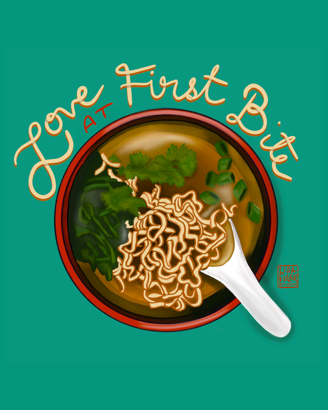 food illustration of a ramen noodle bowl love at first bite