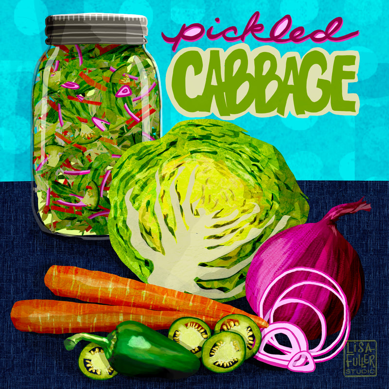 food illustration pickled cabbage and ingredients