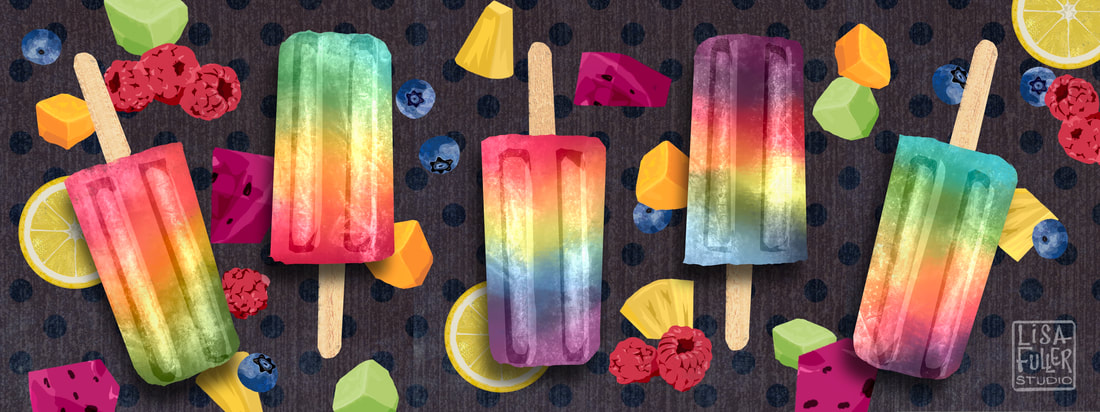 food illustration with rainbow ice pop popsicles and colorful fruits