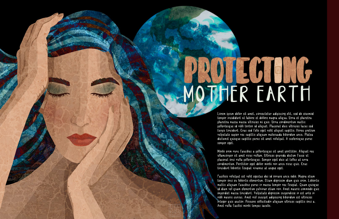 editorial mockup illustration of mother earth depicted in human form needing protection