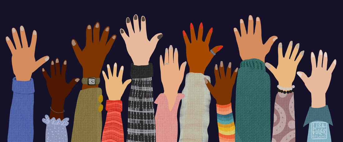 editorial unclusion equality illustration with raised hands of different races and genders