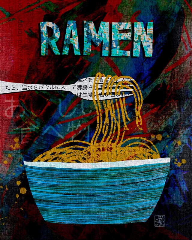 digital collage food illustration of a bowl of ramen noodles