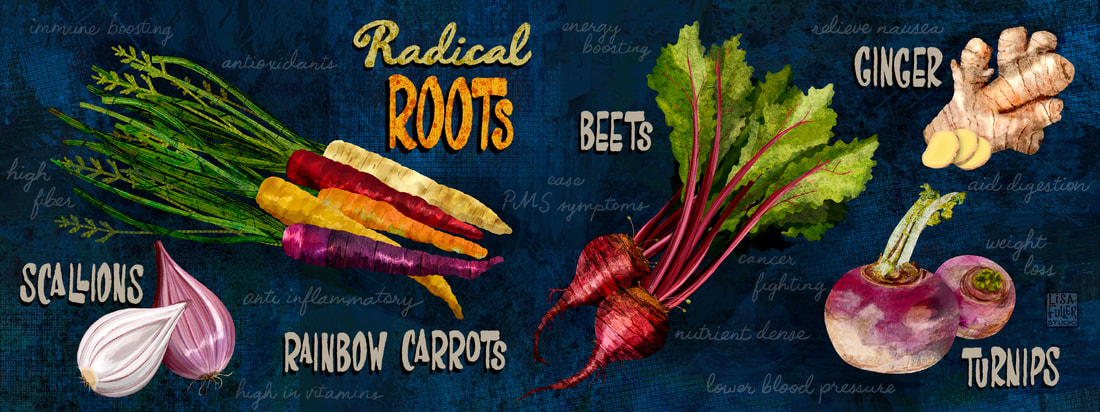 food illustration with root vegetables carrots scallions beets ginger and turnips