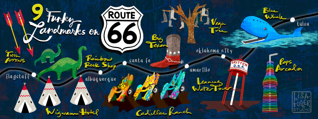 route 66 travel illustrated map with funky landmarks