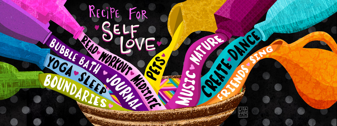 editorial colorful recipe for self love with bottles pouring out different elements