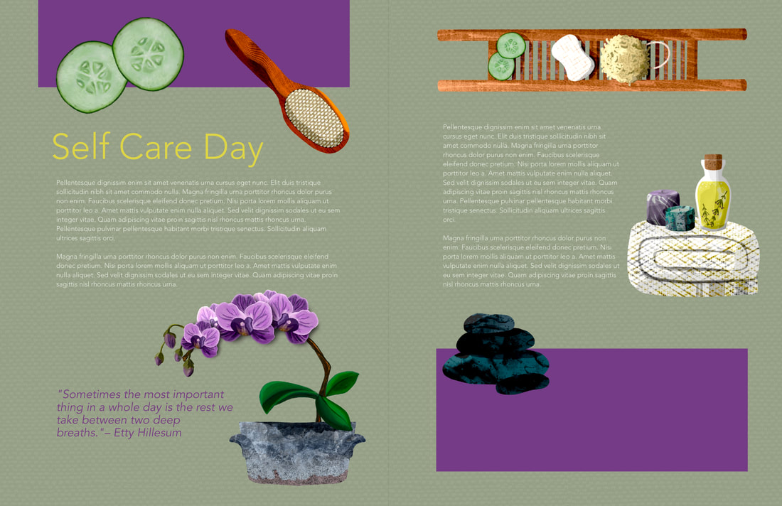 editorial mockup illustration of a layout for self care day featuring elements you'd find at a spa