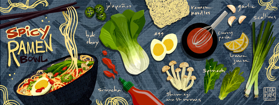 deconstructed food illustration of a spicy ramen noodle bowl and all the ingredients