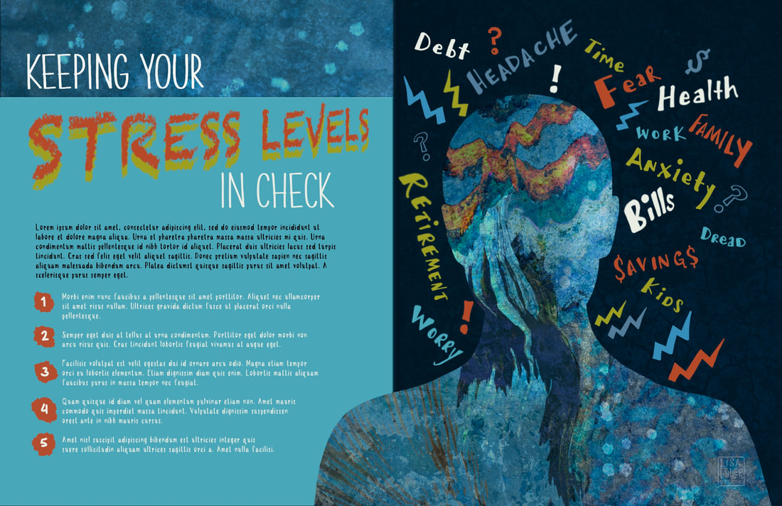 editorial layout mockup illustration for keeping your stress levels in check