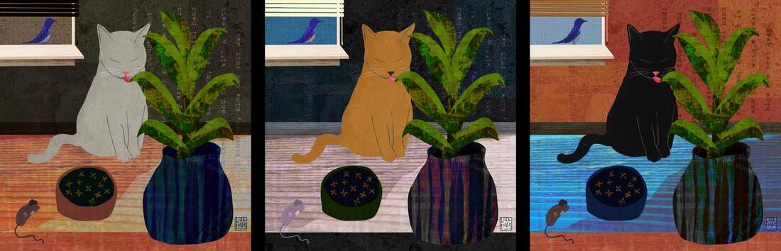 triptych vignette pet illustration of cats eating a plant