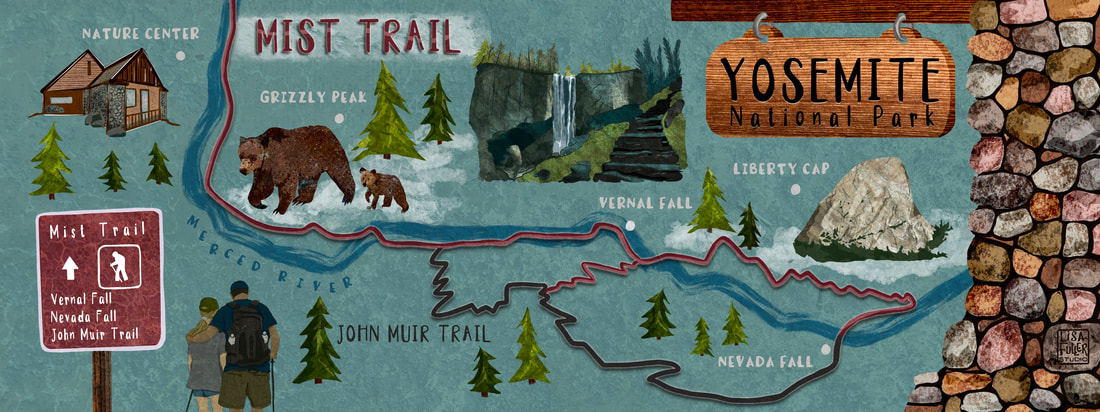 illustrated map of the mist trail hiking route in yosemite national park